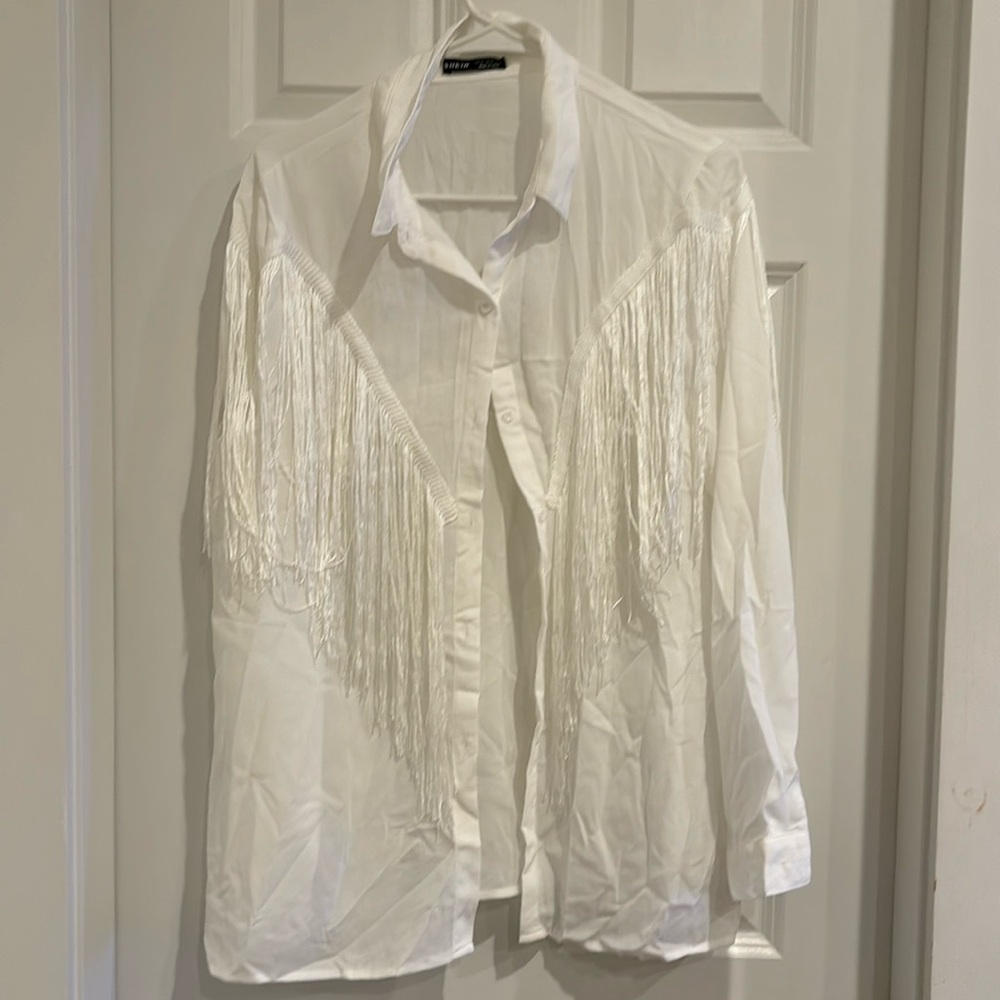 XL white cowgirl fringe long sleeve shirt from Shien
